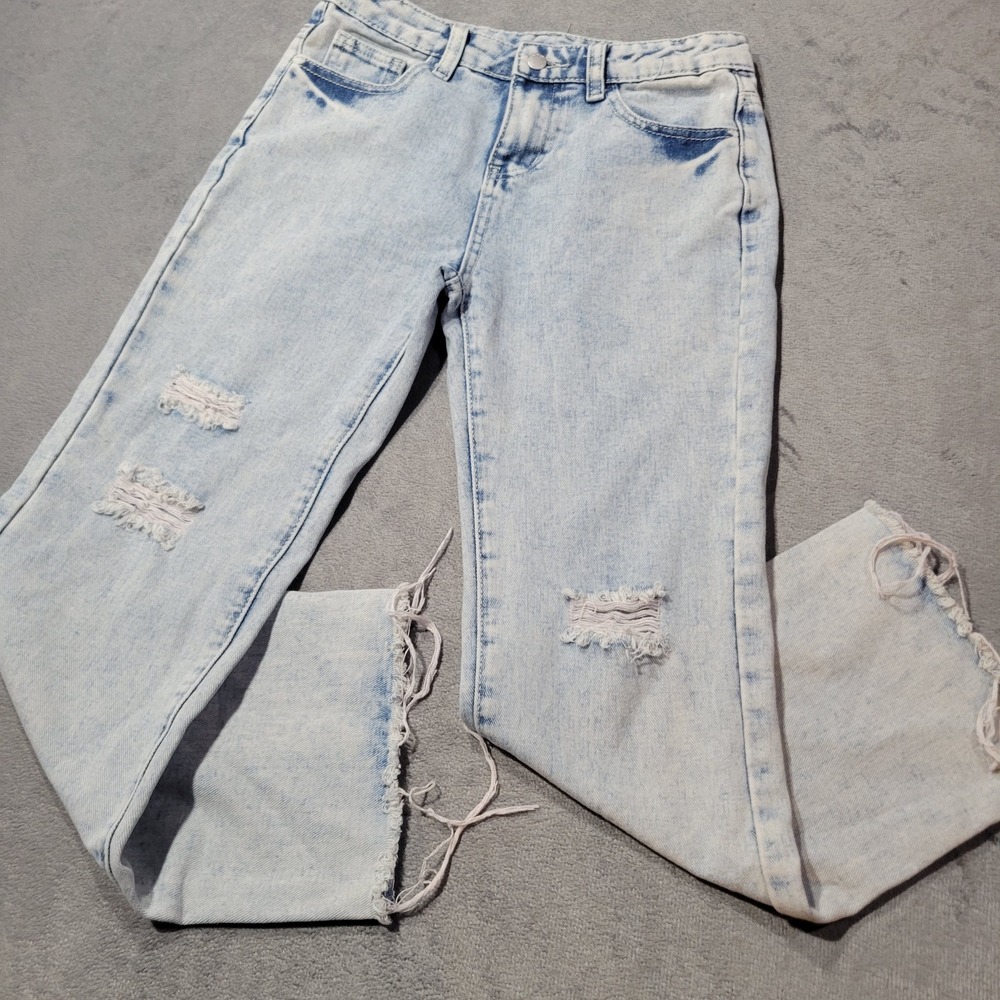 SHEIN Jeans Girls 10 Light Wash Distressed Straight Leg Ripped Frayed Denim Pant